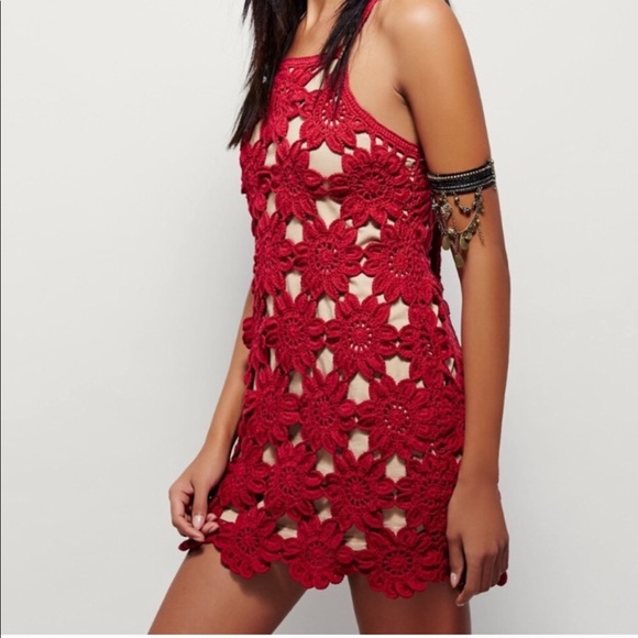 Free People Dresses & Skirts - Free People Red Flower Crochet Knitted Dress